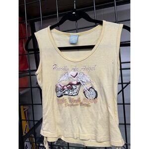 Vintage 2005 Hardly An Angel Daytona Beach Bike Week Yellow Ruched Tank Top (L)